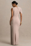 Brenda Champagne Crew Neck Maxi Dress With Mesh Cape And Sash
