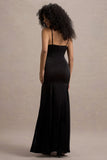 Ashly Black Satin Maxi Dress With Volume Hem