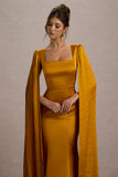 Nalda Mustard Square Neck Midi Dress With Cape Sleeves