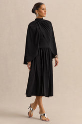 Honora Black High Neck Midi Dress With Cape Sleeves