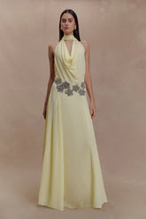 Santal Floral Chiffon Halter Maxi Dress Lemon
