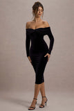 Compliment Black Velvet Bardot Midi Dress