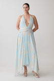 Cyra Plunge Chiffon Midi Dress Blue Floral Print