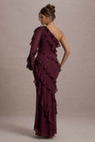 Lalika Burgundy Asymmetric One Sleeve Ruffle Maxi Dress