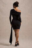 Savita Black Ruched Asymmetric Mini Dress With Drape