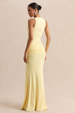 Mirene Lemon Round Neck Maxi Dress With Gathered Detailing And Sash