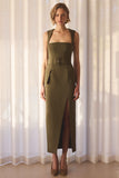 Sandra Olive Square Neck Tailored Maxi Dress With Front High Split