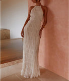 Women Backless Dress Sleeveless Textured Halter Open Back Maxi Dresses Vacation Wedding Guest