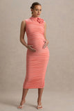 Shellie Coral High Neck Maternity Midi Dress With Corsage Detail
