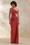 Clarosia Rust Asymmetric Neck Maxi Dress With Cut Out With Sash