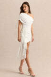Dalina White Asymmetric Neck Mini Dress With Sash Detail