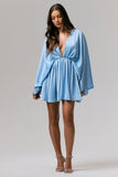 Ocean Flower Powder Blue Crinkle Chiffon Draped Mini Dress