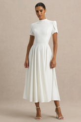 Vicky White High Neck Midi Dress With Puff Sleeves