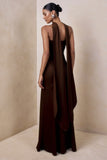 Starling Brown Matte Satin Plunge Neck Maxi Dress With Scarf Detail