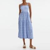 Women Floral Embroidered Maxi Dress Sleeveless Tie Shoulder Smocked Flowy Dress Boho Summer Sundresses with Pockets