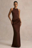 Akari Brown Crew Neck Maxi Dress With Satin Skirt