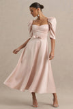 Rosey Pale Pink Satin Sweetheart Midi Dress