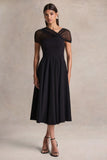 Rosette Black Asymmetric Neck Midi Dress