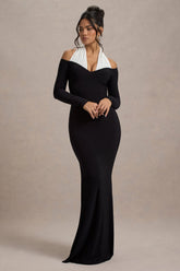 Living High Black White Halter Neck Split Maxi Dress