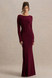 Estelle Burgundy Boat Neck Maxi Dress With Open Back And Lace Detail