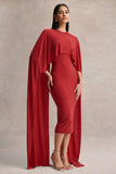 Kalani Red Crew Neck Midi Dress With Cape Sleeves