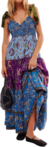 Women Floral Maxi Dress Tie Shoulder Patchwork Smocked Flowy Boho Dress with Pockets Summer Vacation Sundress