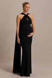 Lyra Black Cross Halter Neck Maternity Maxi Dress With Cape