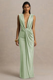 Serafina Light Green Extreme Plunge Neck Maxi Dress With Wrap And Ruched Details