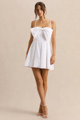 Elina White Square Neck Mini Dress With Bow Detail
