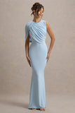 Rae Powder Blue Maxi Dress With One Sleeve Cape