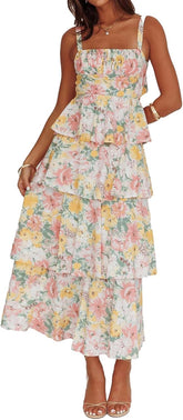 Women Floral Maxi Dress Sleeveless Bow Back Tiered Boho Flowy Long Dresses Summer Fall