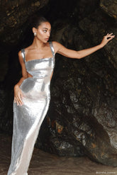 Adoria Sequin Cut Out Maxi Dress Silver