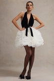 Meringue Black Velvet Plunge Neck Mini Dress With Tulle Skirt