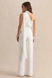 Gliselle White Asymmetric Neck Jumpsuit With Scarf Detail