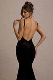 Adele Black Velvet Ruched Strappy Fishtail Maxi Dress