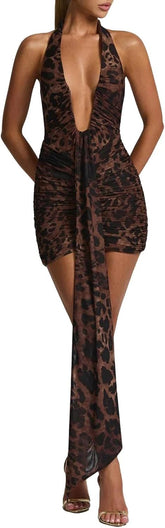 Women Deep V Neck Ruched Mini Dresses Backless Halter Dress Party Club Night