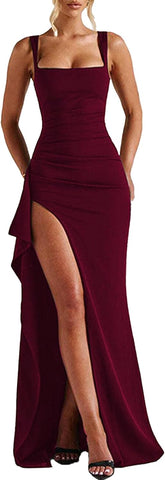 Women Formal Dresses Sleeveless Bodycon Ruched High Slit Sexy Maxi Dress Cocktail Prom