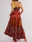 Women Floral Maxi Dress Tie Shoulder Patchwork Smocked Flowy Boho Dress with Pockets Summer Vacation Sundress