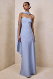 Charly Powder Blue Matte Satin Bandeau Maxi Dress With Scarf Detail