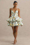 Flavia Lemon Floral Print Plunge Neck Ruffled Skater Micro Mini Dress