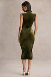 Novine Olive Velvet High Neck Midi Dress