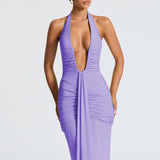 Women Deep V Neck Ruched Maxi Dress Sleeveless Halter Gown Cocktail Evening Formal Dresses