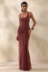 Lienna Brown Scoop Neck Maxi Dress With Gathered Detail And Sash