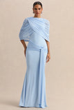 Mirene Powder Blue Round Neck Maxi Dress With Gathered Detailing And Sash