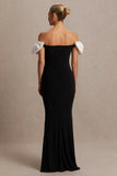 Didi Black White Bardot Bow Detail Maternity Maxi Dress