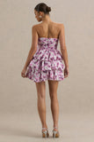 Swirl Cream Floral Print Bandeau Puffball Mini Dress With Ruffle Detail