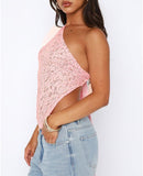 Women One Shoulder Lace Top Irregular Hem Backless Crop Tops See Through Sheer Tank Tops Going Out Clubwear