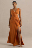 Livia Orange Plunge Neck Fishtail Maxi Dress