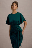 Mika Bottle Green Satin Short Sleeve Wrap Maxi Dress