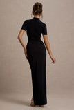 Claudetta Black High Neck Short Sleeve Split Maxi Dress